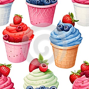 Seamless patterns of ice cream with fruits and berry. Watercolor illustration background, Generative AI