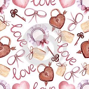 Seamless patterns with the inscription love, hearts, tag, locks and keys in boho style on a white isolated background