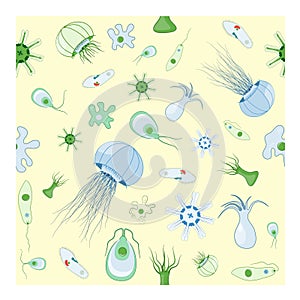 Seamless patterns with jellyfish, amoeba, Paramecium and other animals that live in reservoirs photo