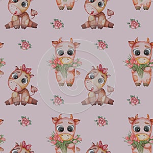 Seamless patterns. A little goby  a boy with a bouquet of tulips and a girl a cow with a tongue hanging out and bow on a light