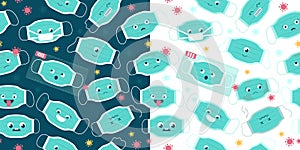 Seamless patterns medical masks characters