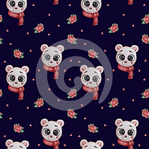 Seamless patterns. The muzzle of a cute white polar bear in a red scarf on a black background with flowers roses