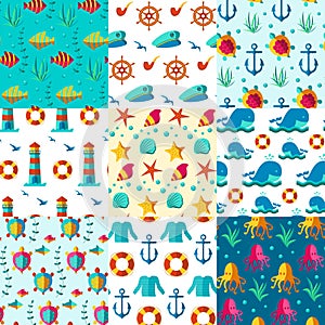 Seamless patterns nautical elements