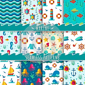 Seamless patterns with nautical elements vector.