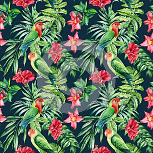 Seamless patterns. Parrots and palm leaves, tropical plants, watercolor botanical illustration