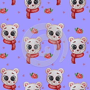 Seamless patterns. Portrait of a white polar bear in a red scarf on blue background with hearts and roses. Watercolor. For