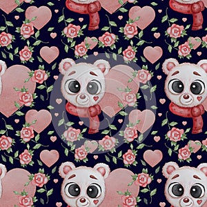 Seamless patterns. Portrait of white polar bear in a red scarf on a dark-blue background with hearts and flowers roses. Watercolor