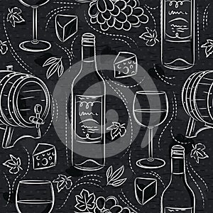 Seamless patterns with red wine set, cask, barrel, wineglass, grape and cheese on black chalkboard. Ideal for printing onto fabric