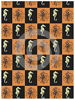 Seamless patterns with seahorses on the black and orange background