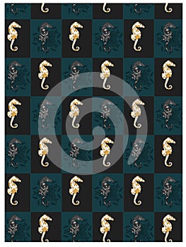 Seamless patterns with seahorses on the teal and black background