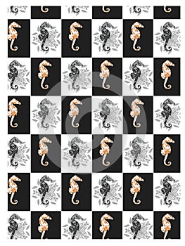 Seamless patterns with seahorses on the white and black background