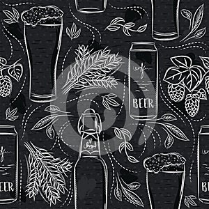 Seamless patterns with set of beer bottle, mug, barley and hop on black chalkboard. Ideal for printing onto fabric and paper or