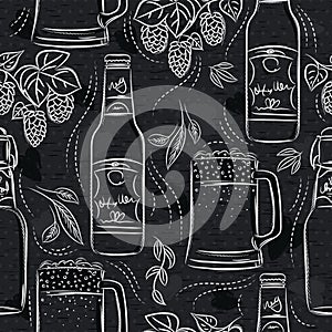 Seamless patterns with set of beer bottle, mug and hop on black chalkboard. Ideal for printing onto fabric and paper or scrap