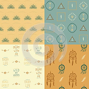 Seamless patterns set with ethnic native ornaments - dream catchers, lotos flowers, feather amulets