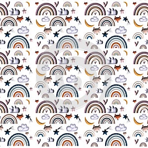 Seamless patterns set with fox,clouds,rainbows,hearts,moons and stars. Relief 3D. Baby decorations