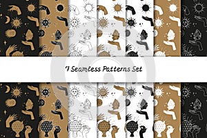 Seamless patterns set with hand drawn doodle line art female witch hands holding sun and moon