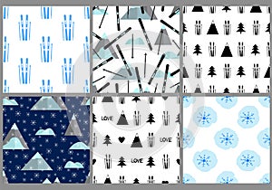 Seamless patterns set. Ski and mountains. Winter