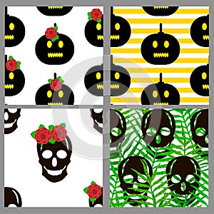 Seamless patterns set with skulls and pumpkins.