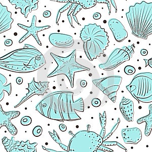 Seamless patterns with shell, starfish, fish, stone. Vector set for design in sea beach style. Blue exotic underwater