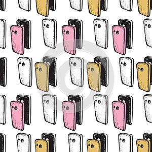 Seamless patterns of Smartphones. Electronic devices. Pink and gold phone case. Smartphone doodle vector illustration.