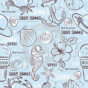 Seamless Patterns with summer symbols,shels, crab, hat, anchor,