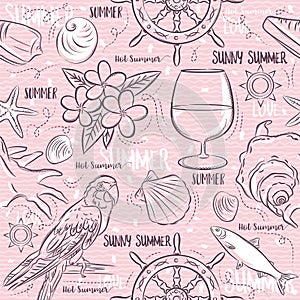 Seamless Patterns with summer symbols,ship rudder, parrot, coc