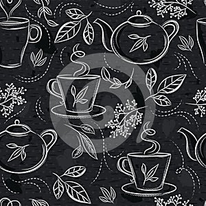 Seamless patterns with tea set, cup, teapot, leafs, flower and text on chalkboard. Background with tea set. Ideal for printing ont