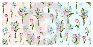 Seamless patterns with tulip, hyacinth, lily of the valley, and forget-me-not flowers. Vector floral prints