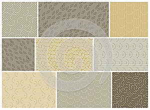 Seamless patterns with twisted lines, vector linear tiling backgrounds set, stripy weaving, optical maze.