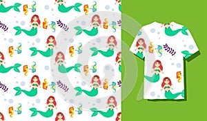 Seamless Patterns Underwater Mermaid Vector Illustration Cute Sea Animals Cartoon Characters Along with Fish, Turtle, Octopus,