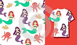 Seamless Patterns Underwater Mermaid Vector Illustration Cute Sea Animals Cartoon Characters Along with Fish, Turtle, Octopus,