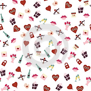 Seamless patterns for Valentines Day sweet kiss, gift box, red heart. Vector