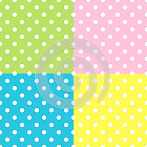 Seamless Patterns, White Polka Dots on red, yellow, blue, green backgrounds.