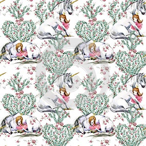 Seamless patterns with White unicorn and princess. watercolor hand drawn fairytale illustration.