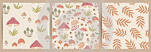 Seamless patterns with wild mushrooms and leaves.