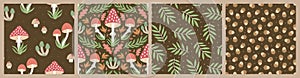 Seamless patterns with wild mushrooms and leaves.