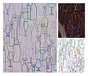 Seamless patterns of wine bottles, goblets, vine