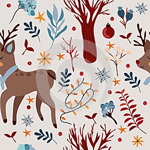 Seamless patterns with winter animal, cute reindeer, Christmas tree decorations, garland, tree, bright flowers. Magic