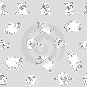 Seamless patterns. Yoga for animals. Sticker drawings of cute white sheep practicing meditation, standing asanas and sports .