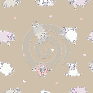 Seamless patterns. Yoga for pets. Cute playful sheep athletes. Vector illustration on a light brown background. Farm animals yoga