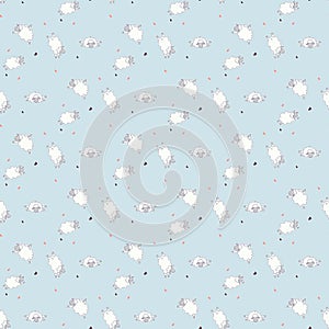 Seamless patterns. Yoga for pets. Playful cute white sheep are engaged in fitness and meditation. Vector farm animals on a blue