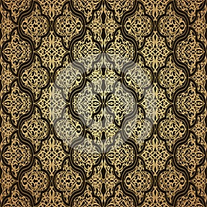 Seamless patternwith oriental motif. Black and gold patchwork background. photo