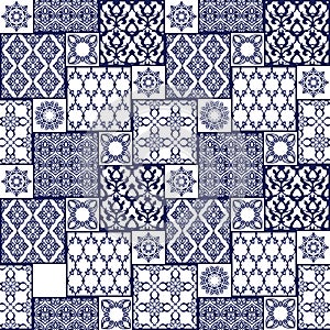 Seamless patternwith oriental motif. Blue patchwork background. photo