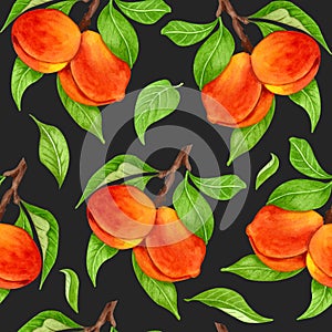 Seamless peach pattern with fruits, leaves, flowers background. Watercolor peach tree seamless background.