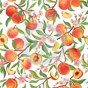 Seamless peach pattern with tropic fruits, leaves, flowers background. illustration in watercolor style