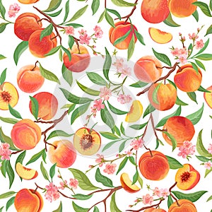 Seamless peach pattern with tropic fruits, leaves, flowers background. illustration in watercolor style photo