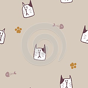 Seamless pencil doodle hand drawing grunge line art animal pet cat repeat pattern with fish bone and paw foot print in brown backg