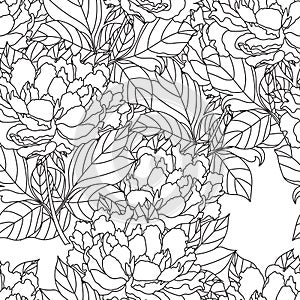 Seamless Peony bouquet. Vector. Coloring book page for adults. Hand drawn artwork. Love bohemia concept wedding photo