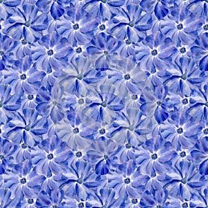 Seamless periwinkle blue pattern. Watercolor floral background with blue and violet flower and petals for textile, wallpaper,
