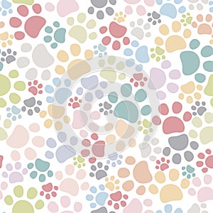 Seamless pet paw pattern. Cat or dog footprint background. Colorful vector illustration.